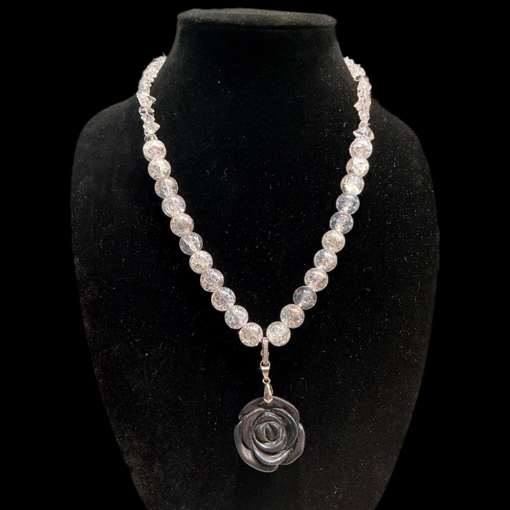 VTG OBSIDIAN ROSE PENDANT ON 22" SNAKE CHAIN W CRACKLE GLASS & QUARTZ CRYSTAL